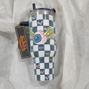 Von Dutch Rhinestone Checkered Tumbler - Blue, White, Yellow